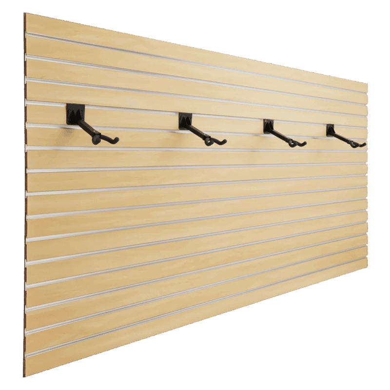 Black guitar slatwall hooks on a 4x8 maple slatwall panel with aluminum inserts