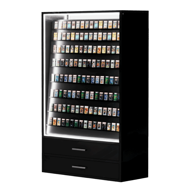 black double sided sports card display with led and two drawers