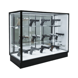 Firearms being displayed in a 48 Inch Black Extra Vision Gun Display Case with LED Lights on