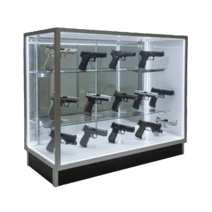 Firearms being displayed in a 48 Inch Silver Extra Vision Gun Display Case with LED Lights on