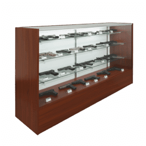 Firearms being displayed in a 70 Inch Cherry Gun Display Case