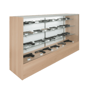 Firearms being displayed in a 70 Inch Maple Display Case
