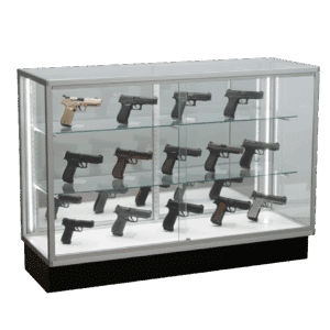 Firearms being displayed in a 70 Inch Silver Extra Vision Gun Display Case with LED Lights on