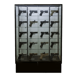 Firearms being displayed in a 72 Inch Black Extra Vision Gun Display Case