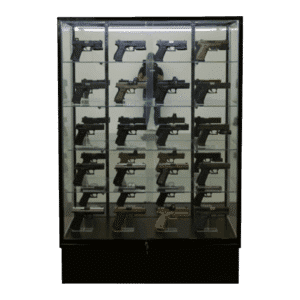 Firearms being displayed in a 72 Inch Black Mirror Back Gun Display Case