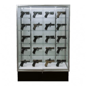 Firearms being displayed in a 72 Inch Silver Extra Vision Gun Display Case