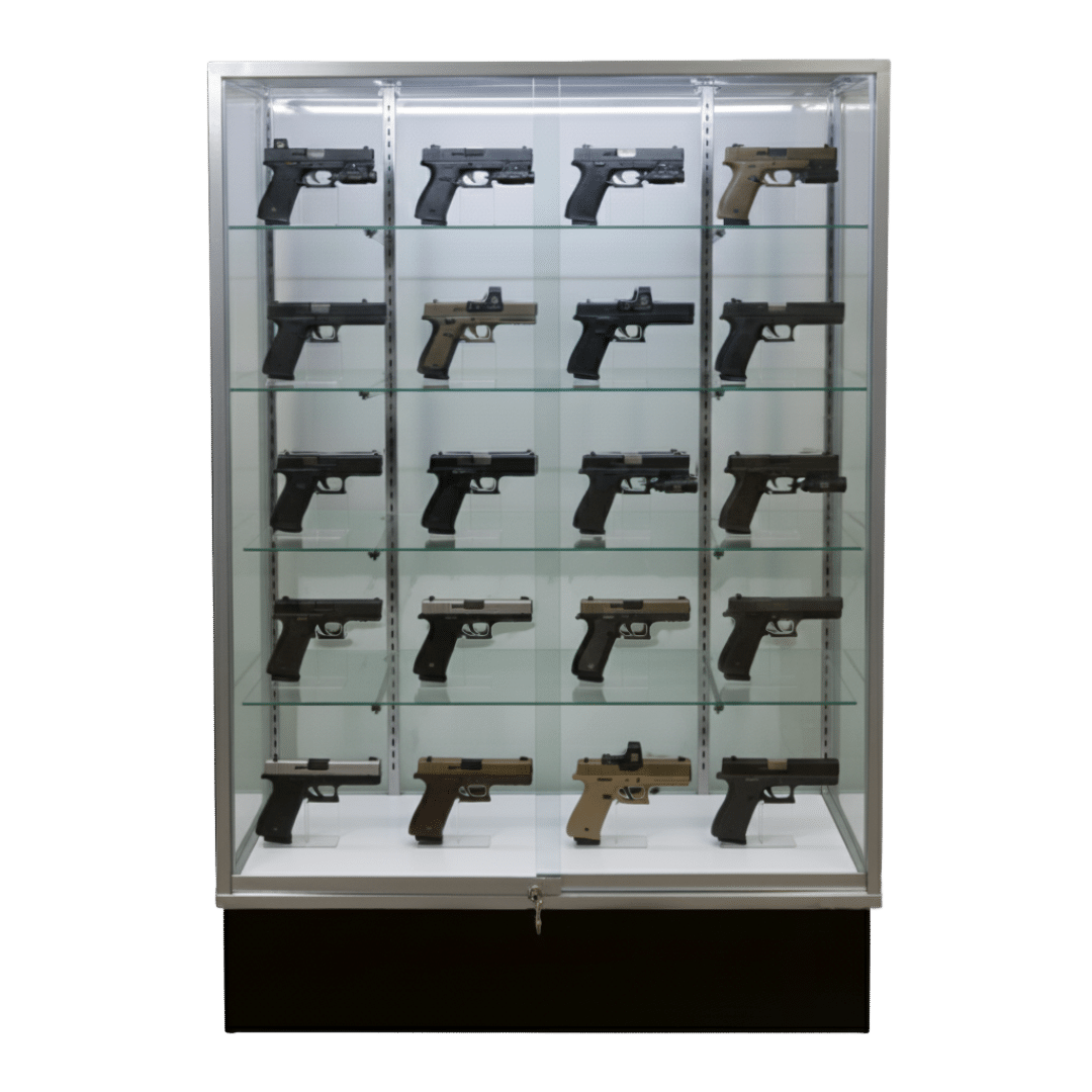 Firearms being displayed in a 72 Inch Silver Extra Vision Gun Display Case