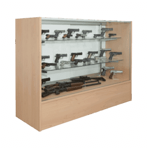Firearms being displayed in a maple gun display case