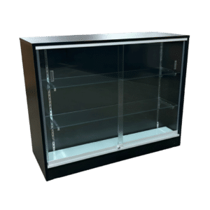 48" Black Flat Top Glass Front Checkout Counter with Shelves | Cash Wrap
