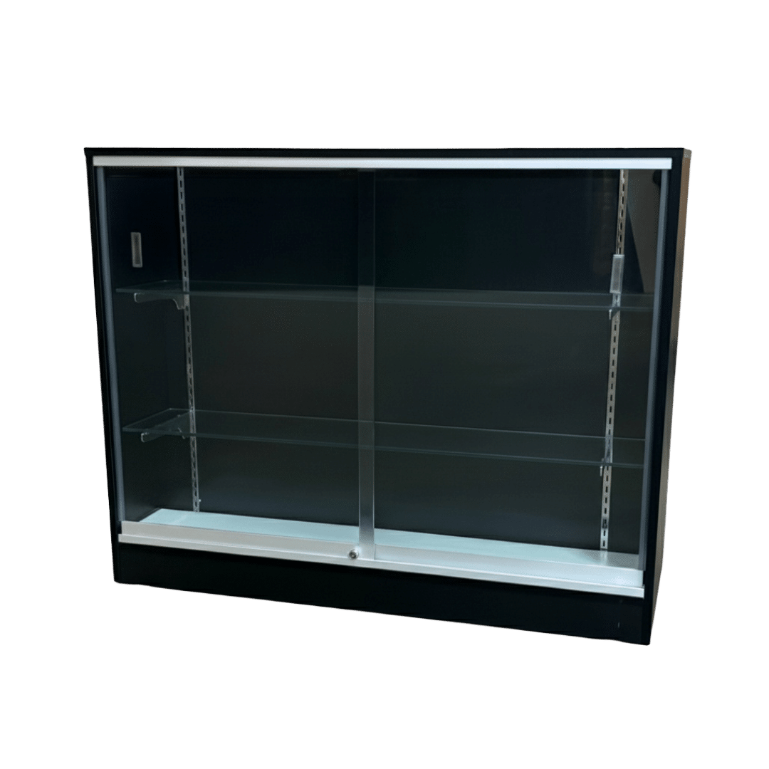 48" Black Flat Top Glass Front Checkout Counter with Shelves | Cash Wrap - Image 2