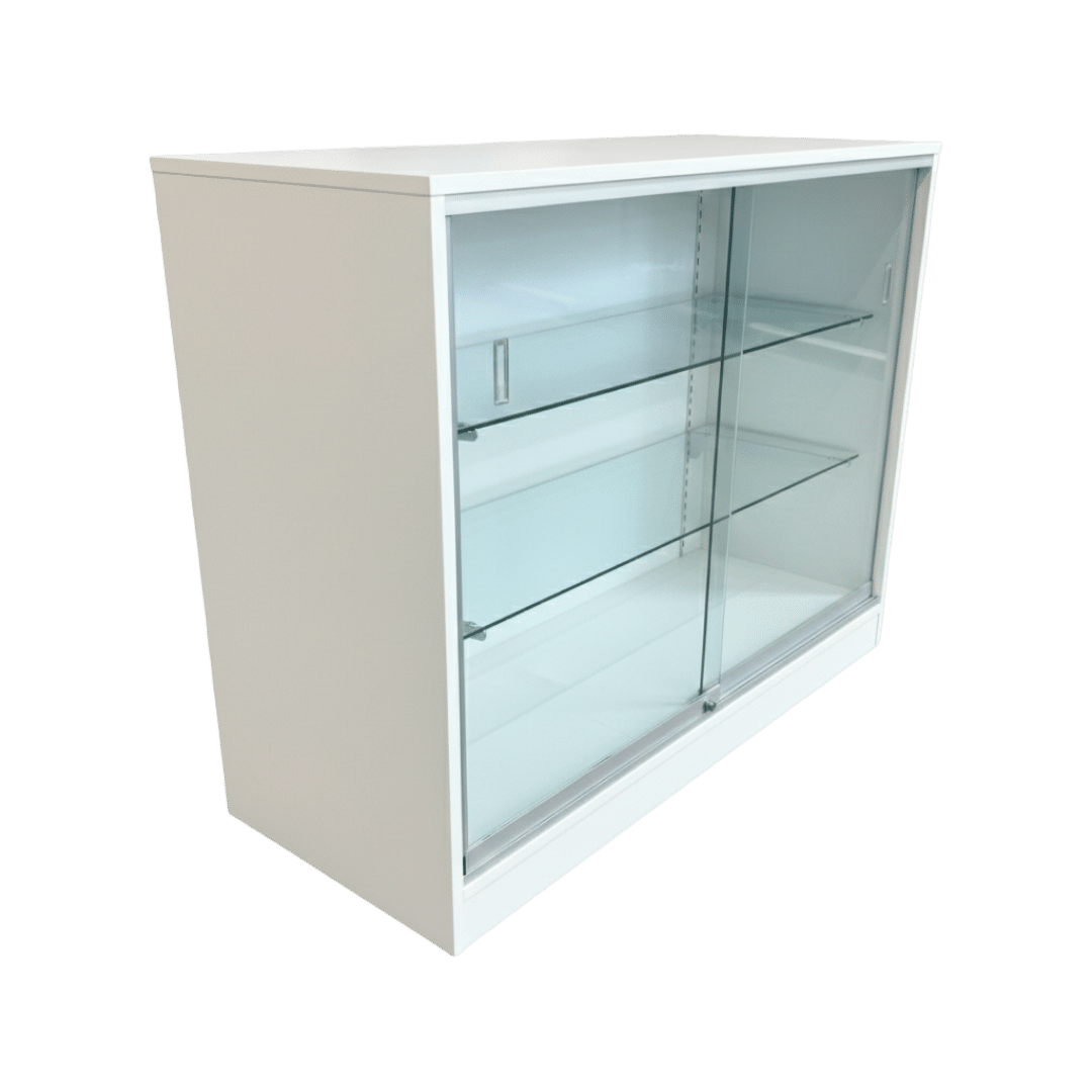 48" White Flat Top Glass Front Checkout Counter with Shelves | Cash Wrap - Image 3