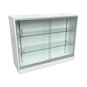 48" White Flat Top Glass Front Checkout Counter with Shelves | Cash Wrap