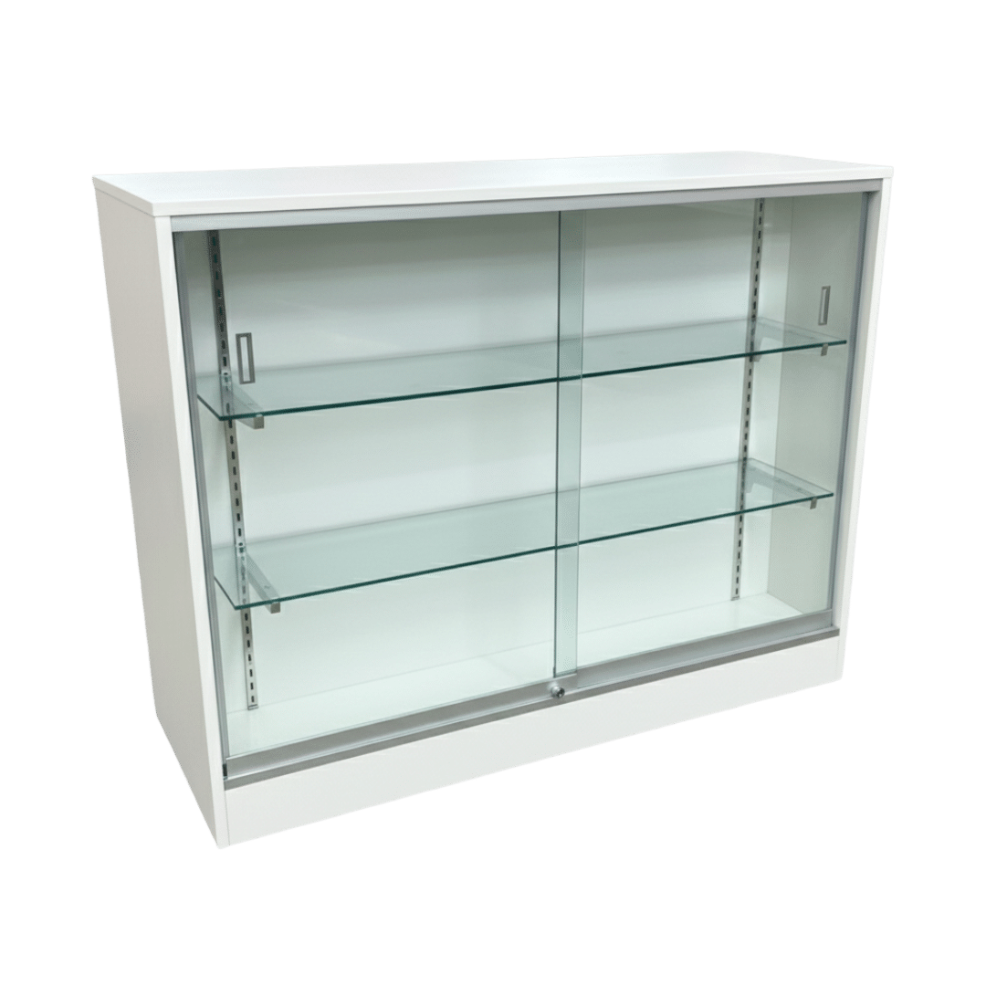 48" White Flat Top Glass Front Checkout Counter with Shelves | Cash Wrap