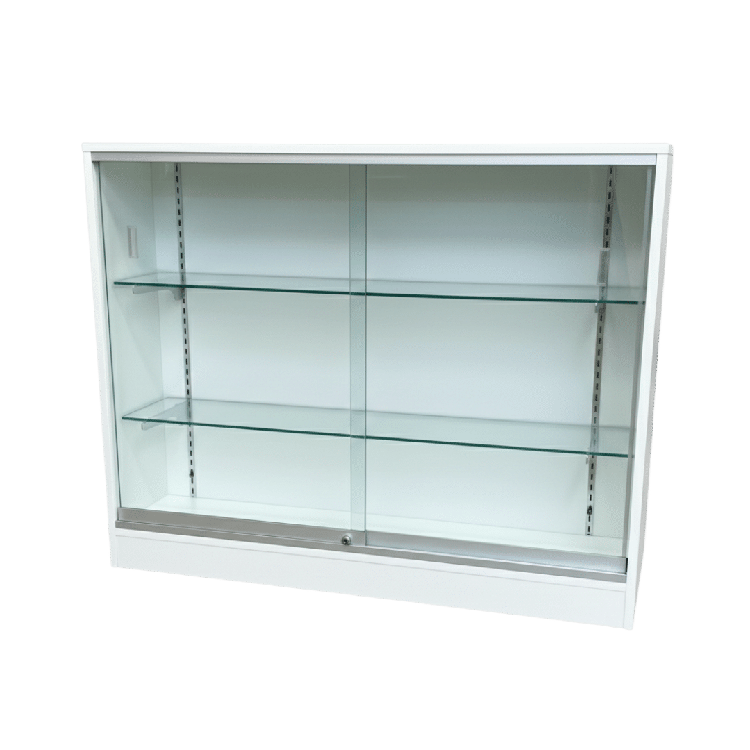 48" White Flat Top Glass Front Checkout Counter with Shelves | Cash Wrap - Image 2