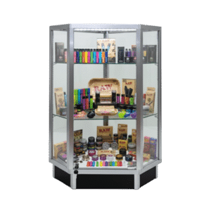 Silver Smoke Shop Glass Corner Display Case with LED Lights