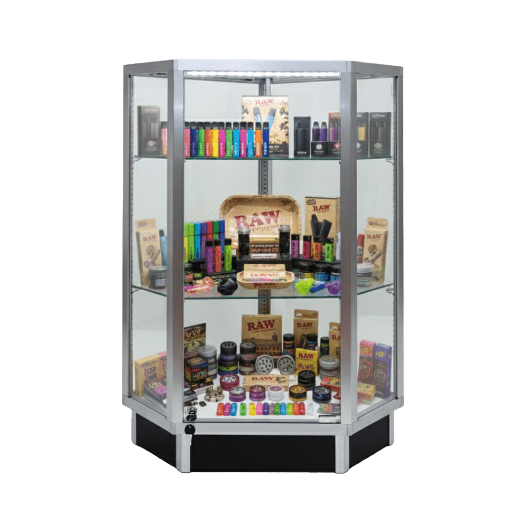 Silver Smoke Shop Glass Corner Display Case with LED Lights