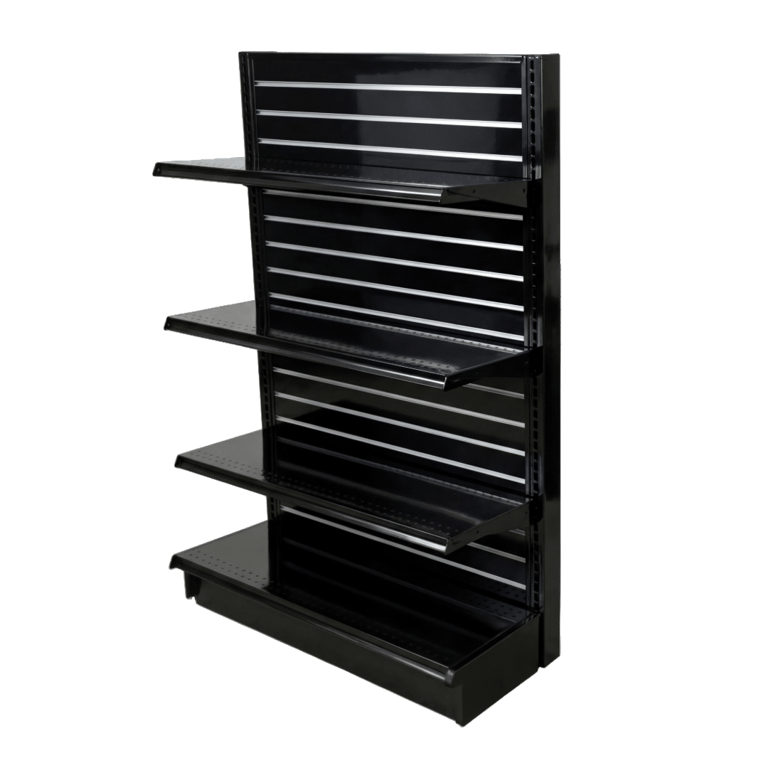 Slatwall Backed Gondola Shelving End Cap with 3 Shelves | Black | Madix Compatible