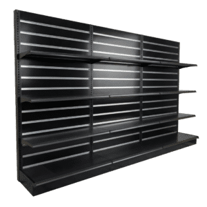 Slatwall Backed Gondola Wall Shelving Starter Unit | Black | 3 Rows | Madix Compatible