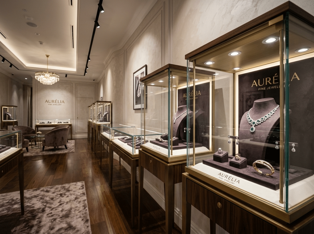 Black display cases in a store