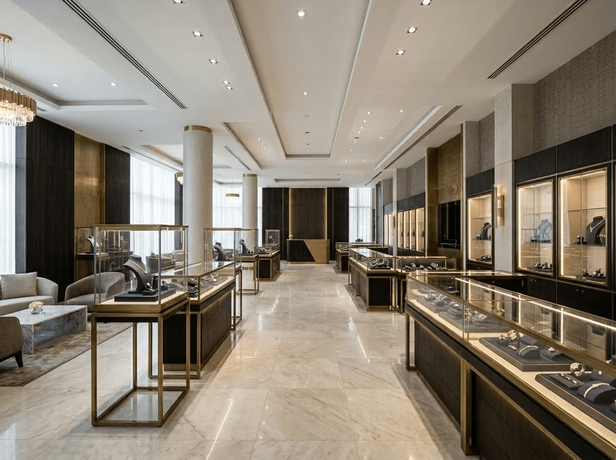 Silver display cases in a store