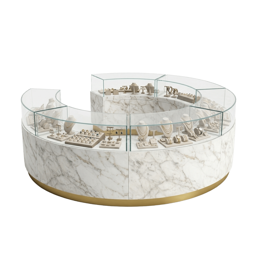 Carrara Bianco and Gold Circular Jewelry Display Case Island