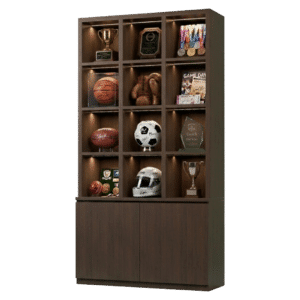 Dark Brown Sports Memorabilia Cubby Cabinet with LED Lighting