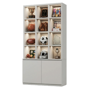 White Sports Memorabilia Cubby Cabinet with LED Lighting