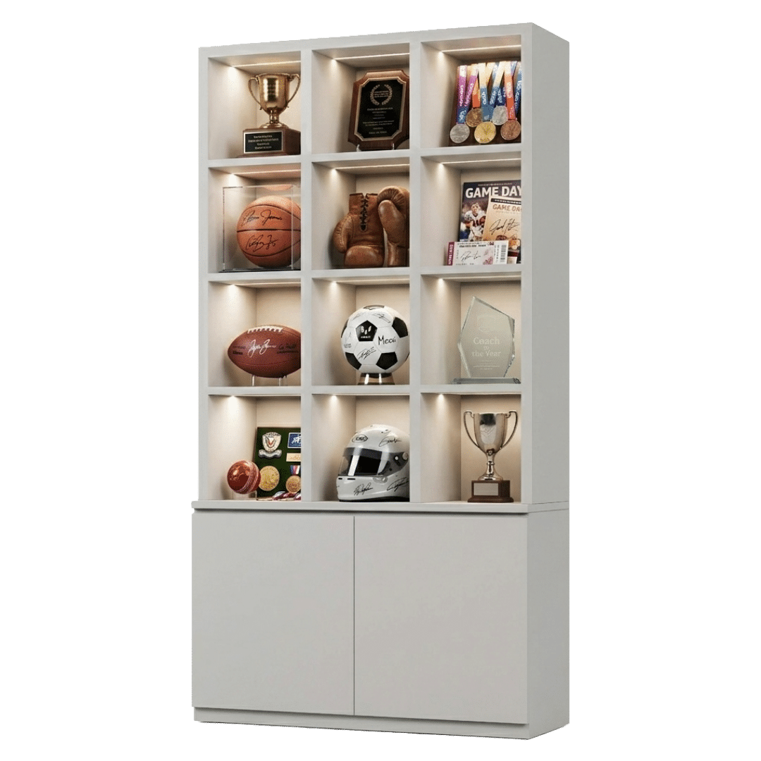 White Sports Memorabilia Cubby Cabinet with LED Lighting