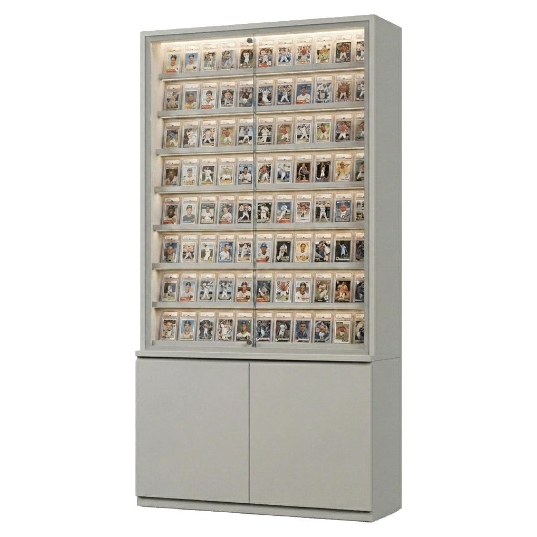 White Sports Card Wall Display Case with Cabinets