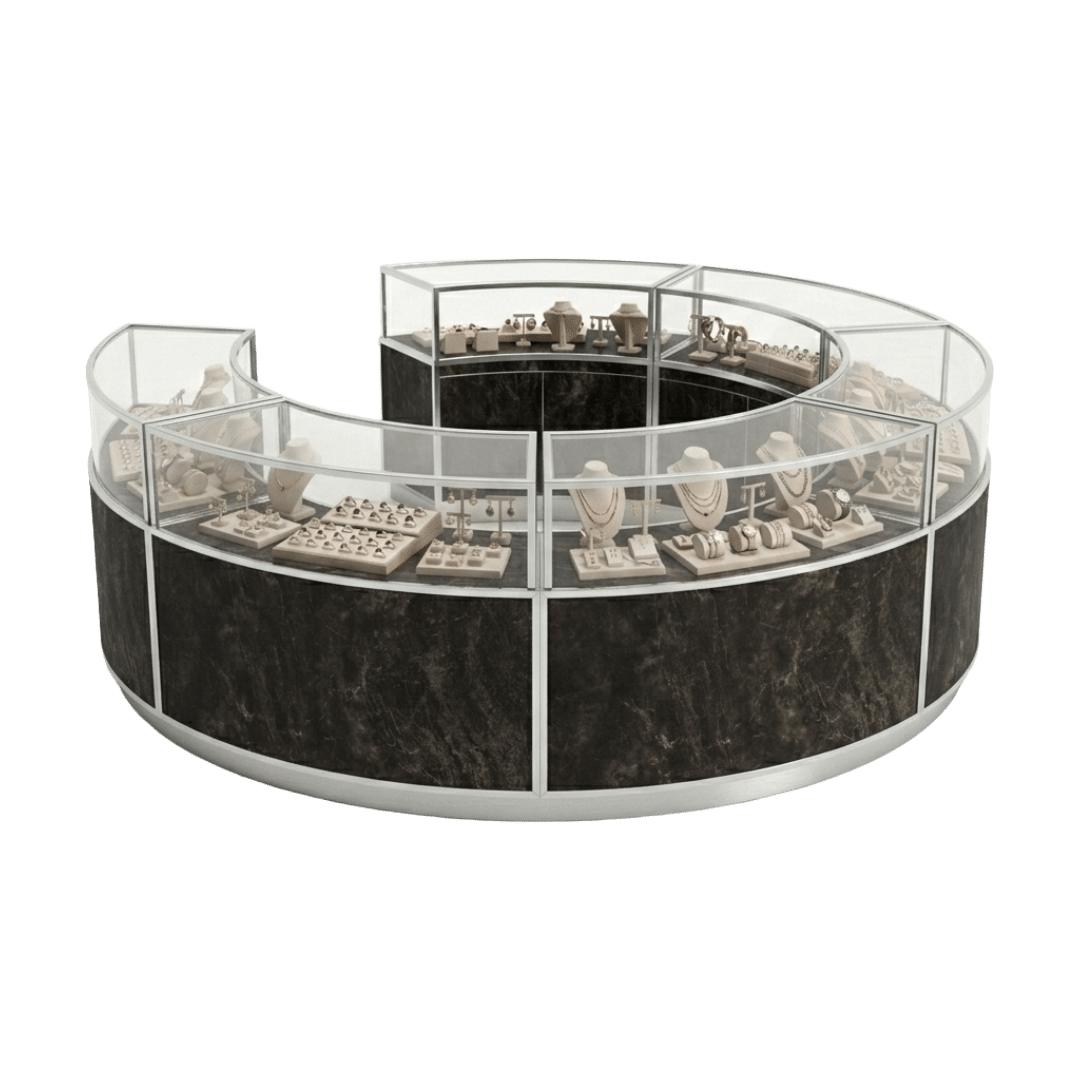 Black Bardiglio & Silver Circular Jewelry Display Case Island