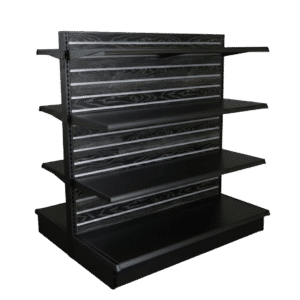Black Woodgrain Slatwall Backed Black Double Sided Gondola Shelving Starter Unit | 6 Shelves | Madix Compatible | 48" x 54"