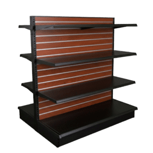 Cherry Slatwall Backed Black Double Sided Gondola Shelving Starter Unit | 6 Shelves | Madix Compatible | 48" x 54"
