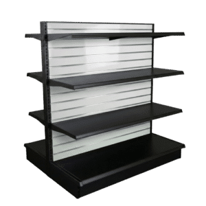 Gloss White Slatwall Backed Black Double Sided Gondola Shelving Starter Unit | 6 Shelves | Madix Compatible | 48" x 54"