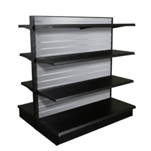 Gray Slatwall Backed Black Double Sided Gondola Shelving Starter Unit | 6 Shelves | Madix Compatible | 48" x 54"