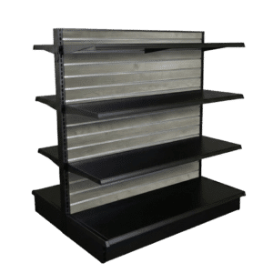 Gray Woodgrain Slatwall Backed Black Double Sided Gondola Shelving Starter Unit | 6 Shelves | Madix Compatible | 48" x 54"