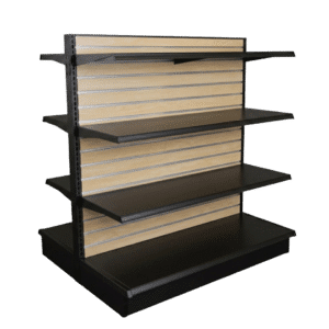 Maple Woodgrain Slatwall Backed Black Double Sided Gondola Shelving Starter Unit | 6 Shelves | Madix Compatible | 48" x 54"