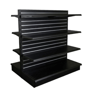 Matte Black Slatwall Backed Black Double Sided Gondola Shelving Starter Unit | 6 Shelves | Madix Compatible | 48" x 54"
