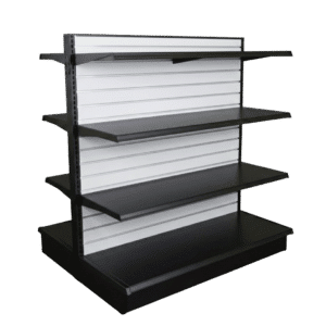 Matte White Slatwall Backed Black Double Sided Gondola Shelving Starter Unit | 6 Shelves | Madix Compatible | 48" x 54"