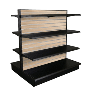 Sonoma Oak Slatwall Backed Black Double Sided Gondola Shelving Starter Unit | 6 Shelves | Madix Compatible | 48" x 54"