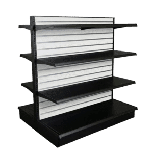 White Woodgrain Slatwall Backed Black Double Sided Gondola Shelving Starter Unit | 6 Shelves | Madix Compatible | 48" x 54"