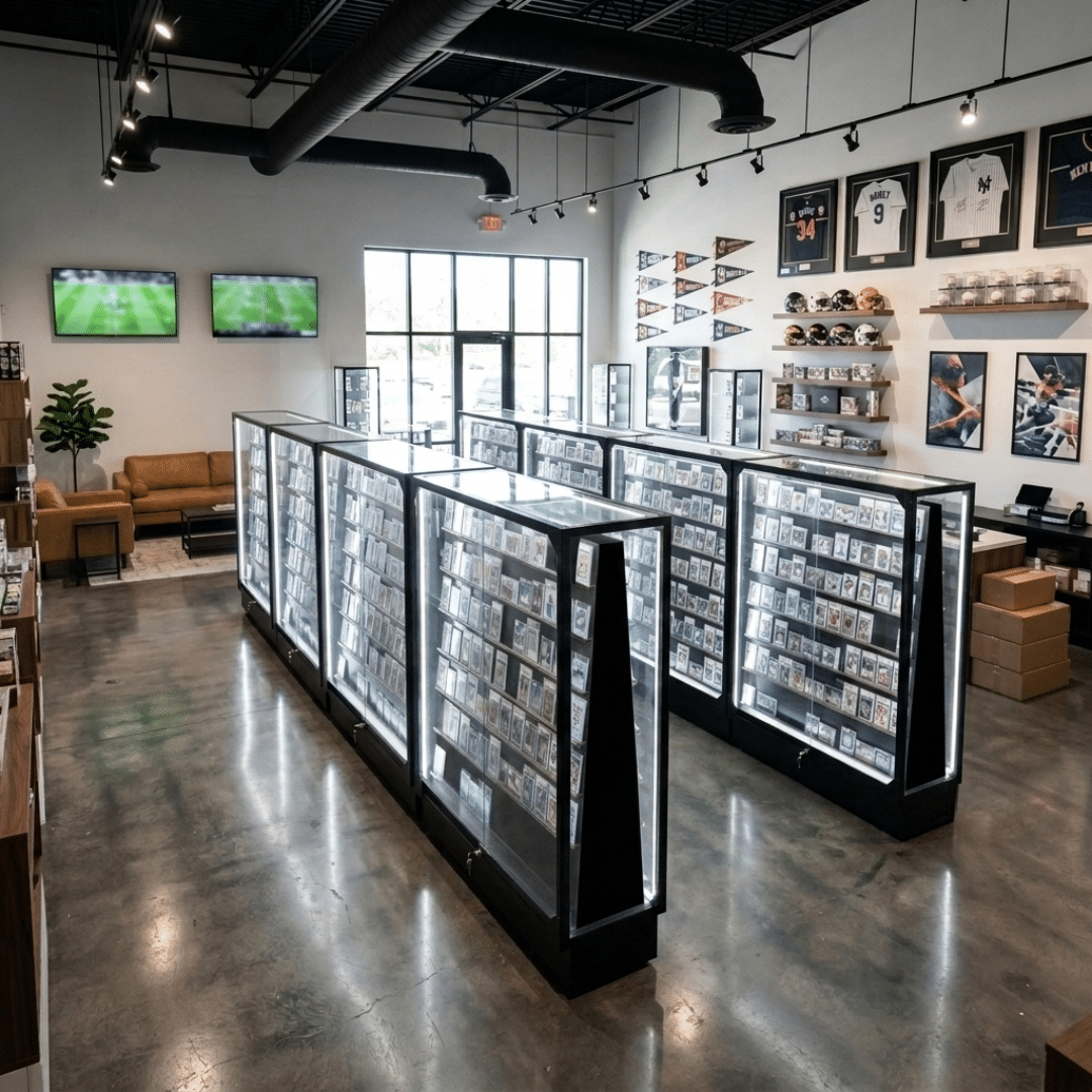 Double Sided Sports Card Display Cases in a Sports Card Shop