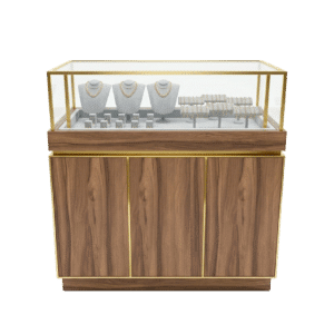 Oiled Walnut & Gold Panels Jewelry Display Case