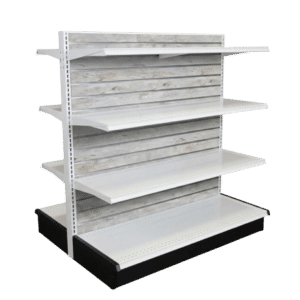 Barnwood Slatwall Backed White Double Sided Gondola Shelving Starter Unit | 6 Shelves | Madix Compatible | 48" x 54"