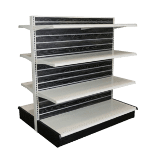 Black Woodgrain Slatwall Backed White Double Sided Gondola Shelving Starter Unit | 6 Shelves | Madix Compatible | 48" x 54"