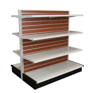 Cherry Slatwall Backed White Double Sided Gondola Shelving Starter Unit | 6 Shelves | Madix Compatible | 48" x 54"