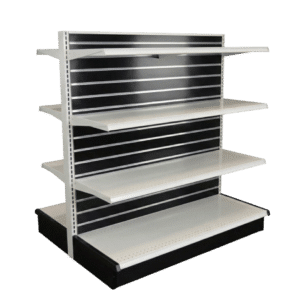 Gloss Black Slatwall Backed White Double Sided Gondola Shelving Starter Unit | 6 Shelves | Madix Compatible | 48" x 54"