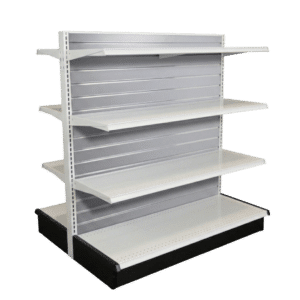 Gray Slatwall Backed White Double Sided Gondola Shelving Starter Unit | 6 Shelves | Madix Compatible | 48" x 54"