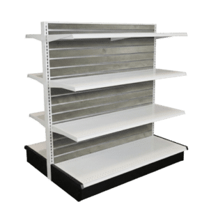 Gray Woodgrain Slatwall Backed White Double Sided Gondola Shelving Starter Unit | 6 Shelves | Madix Compatible | 48" x 54"