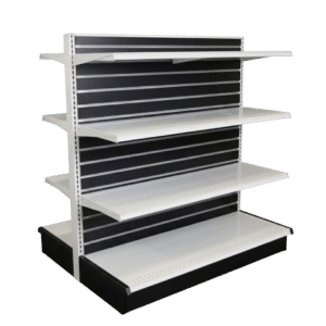Matte Black Slatwall Backed White Double Sided Gondola Shelving Starter Unit | 6 Shelves | Madix Compatible | 48" x 54"