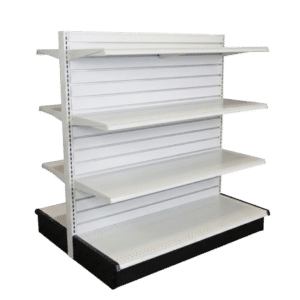 Matte White Slatwall Backed White Double Sided Gondola Shelving Starter Unit | 6 Shelves | Madix Compatible | 48" x 54"